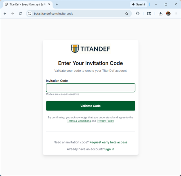 TitanDef onboarding step 01: Enter your invitation code screenshot