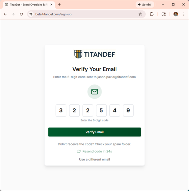 TitanDef onboarding step 03: Verify your email screenshot